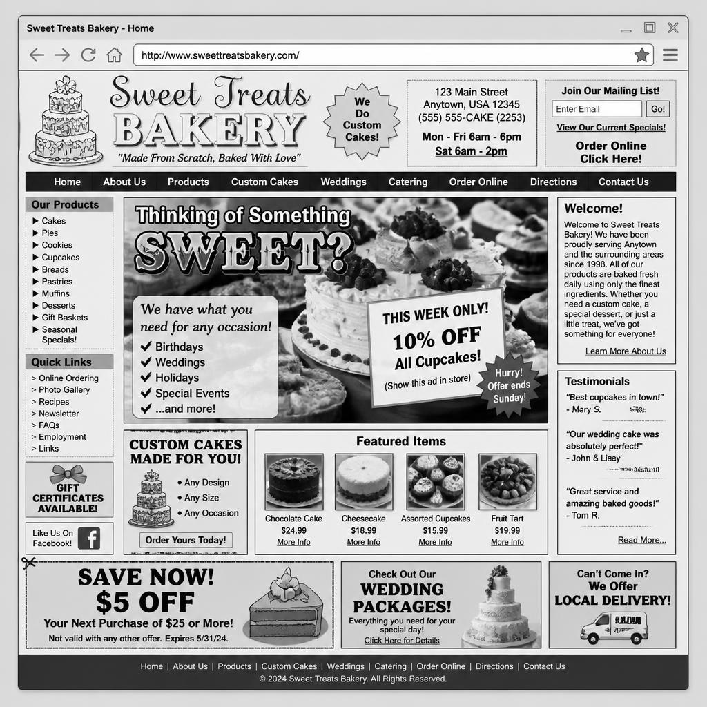 Outdated bakery website mockup with cluttered layout and hard-to-read typography