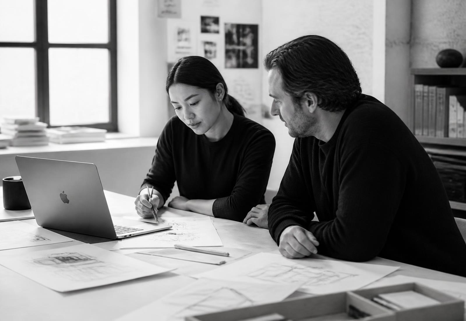 Designers collaborating over sketches and a laptop