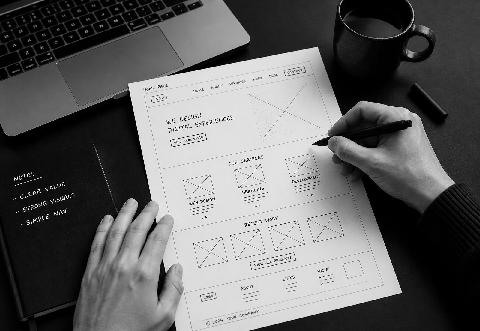 Designer sketching a website wireframe